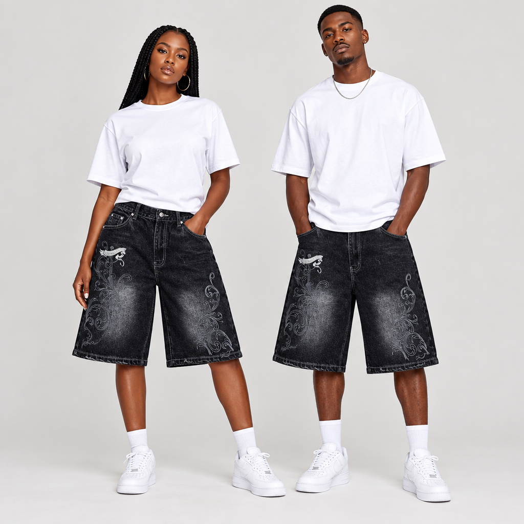 Woman and man together wearing longer washed black denim shorts with grey scroll detailing
