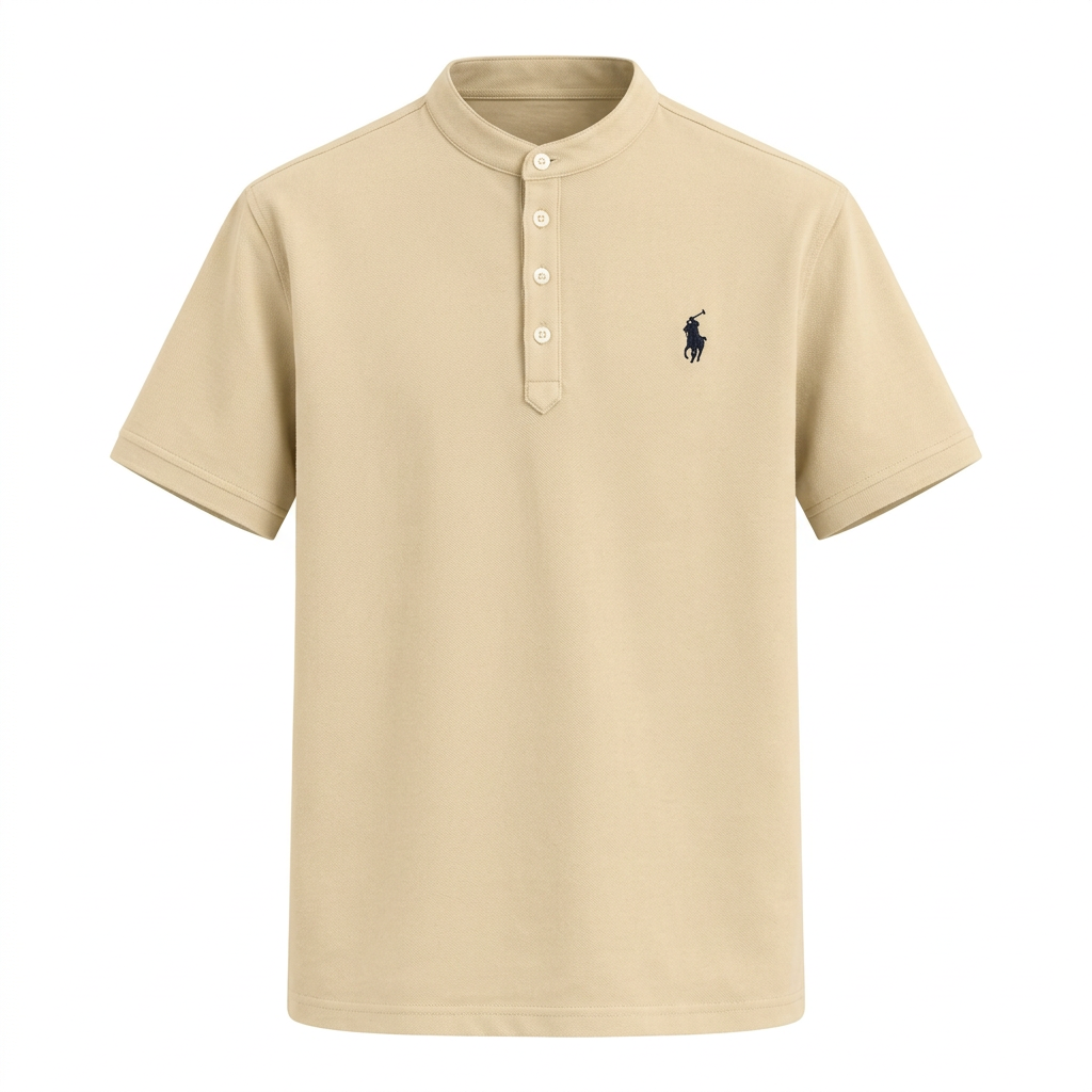 Sand short-sleeve band-collar shirt with dark chest embroidery in a ghost view on white