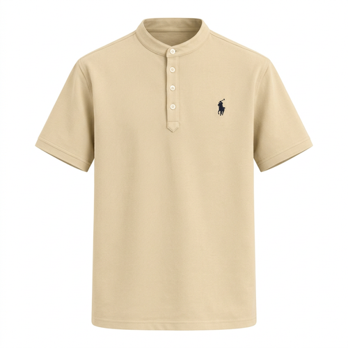 Sand short-sleeve band-collar shirt with dark chest embroidery in a ghost view on white