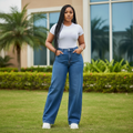 Women's blue denim high-waist palazzo jeans — Nigerian female model shot