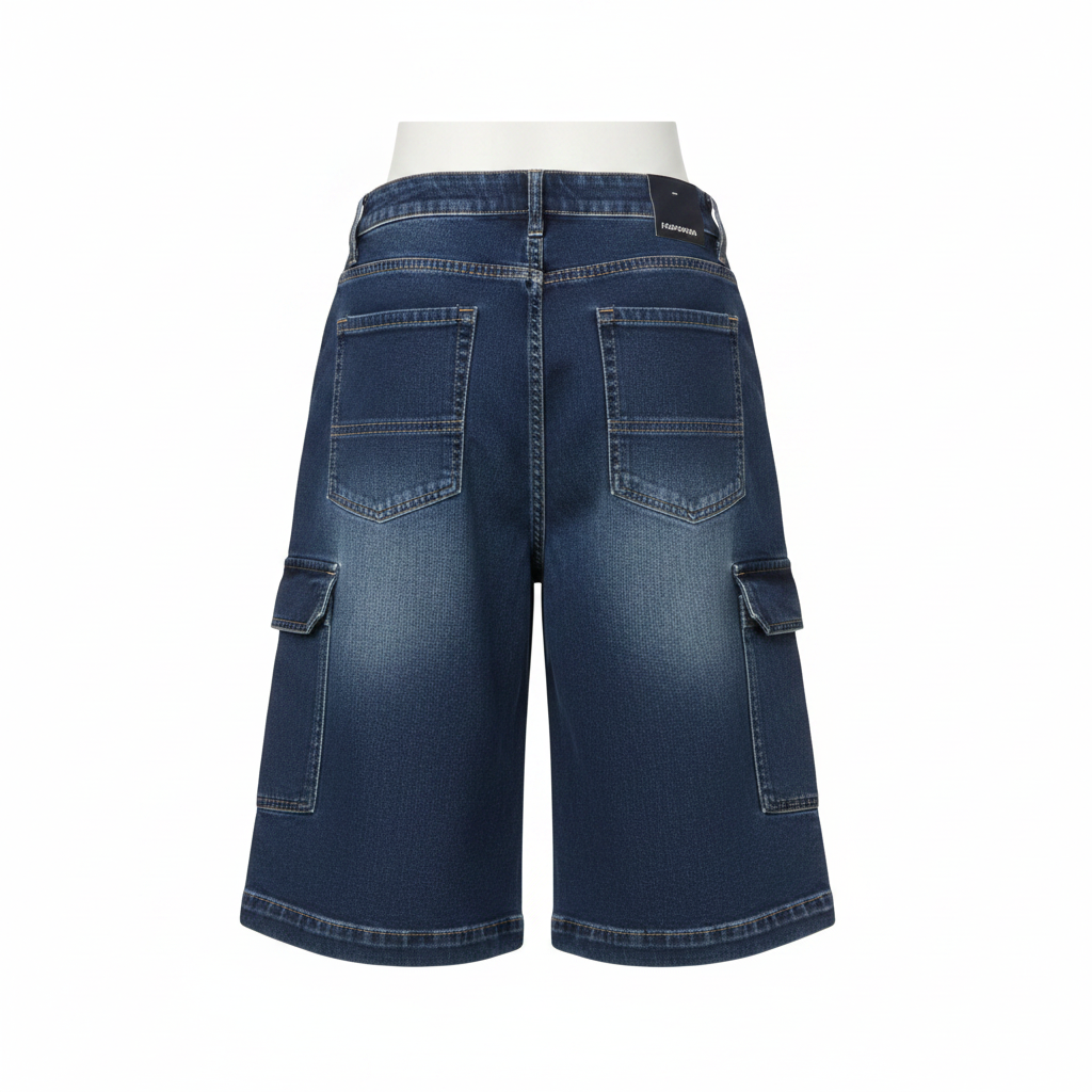 Navy Blue Cargo Denim Shorts - Ghost Mannequin Back