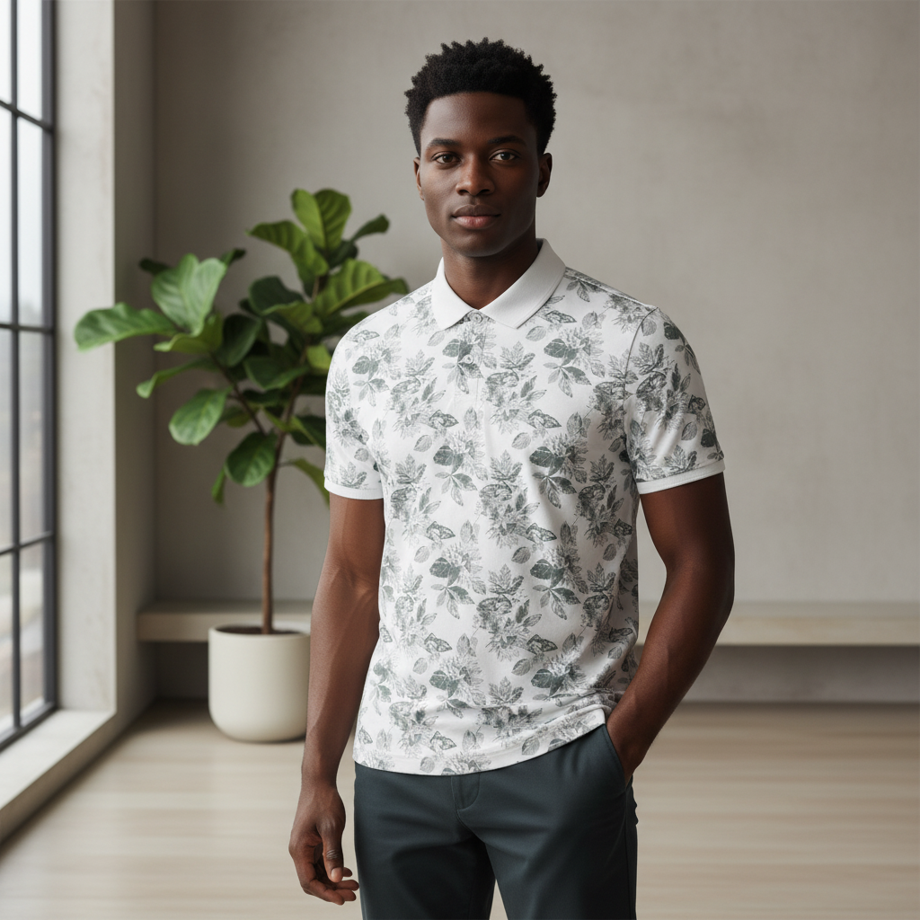 Young Nigerian male model wearing white polo shirt with grey botanical butterfly and floral print