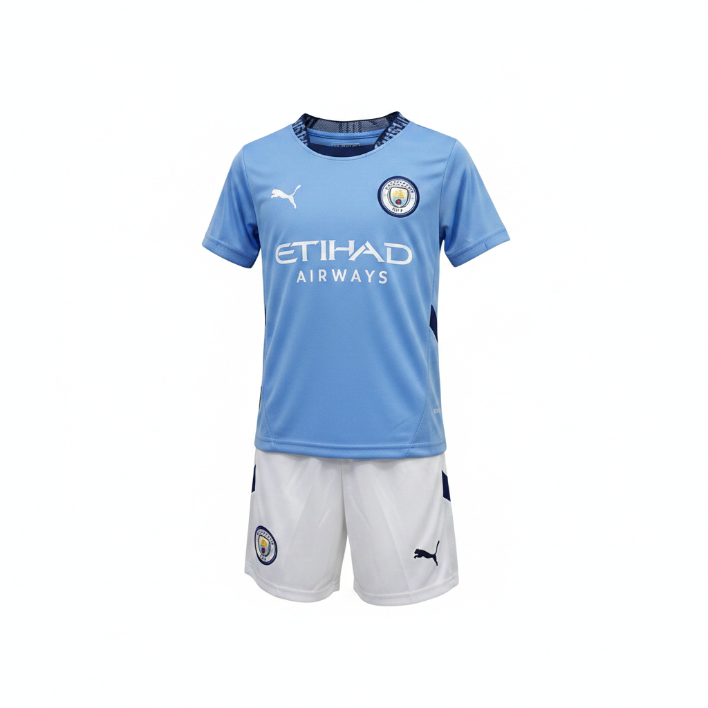 Manchester City FC kids kit ghost mannequin — sky blue Puma jersey with navy panels and white shorts