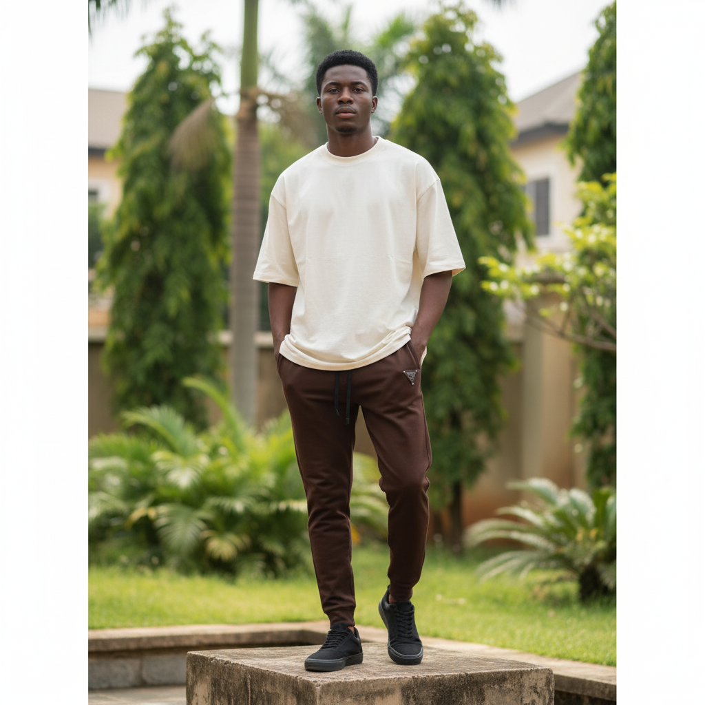 Nigerian male model wearing chocolate brown ribbed cuff jogger pants streetwear outdoor