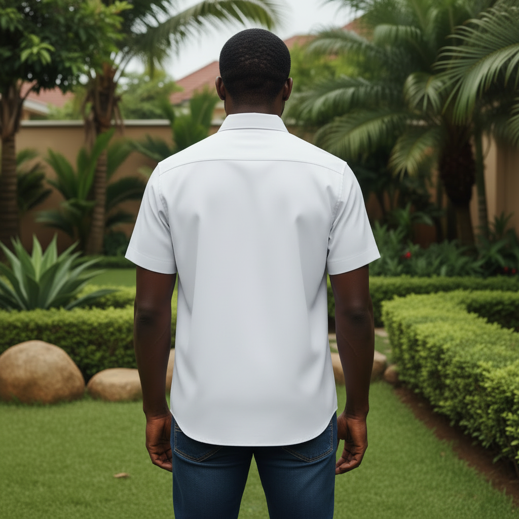 Nigerian model wearing White Classic Collar Short Sleeve Shirt – Back View