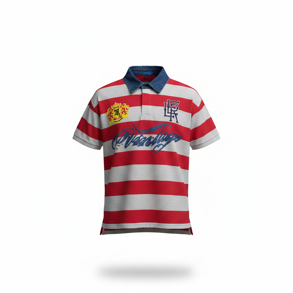 Ghost mannequin view of the red and grey striped rugby polo shirt
