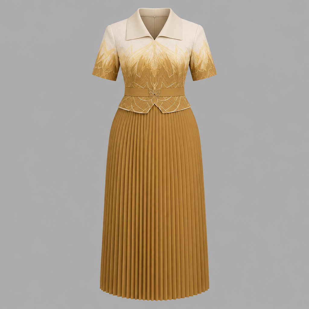 Tan ombre pleated gown on ghost mannequin