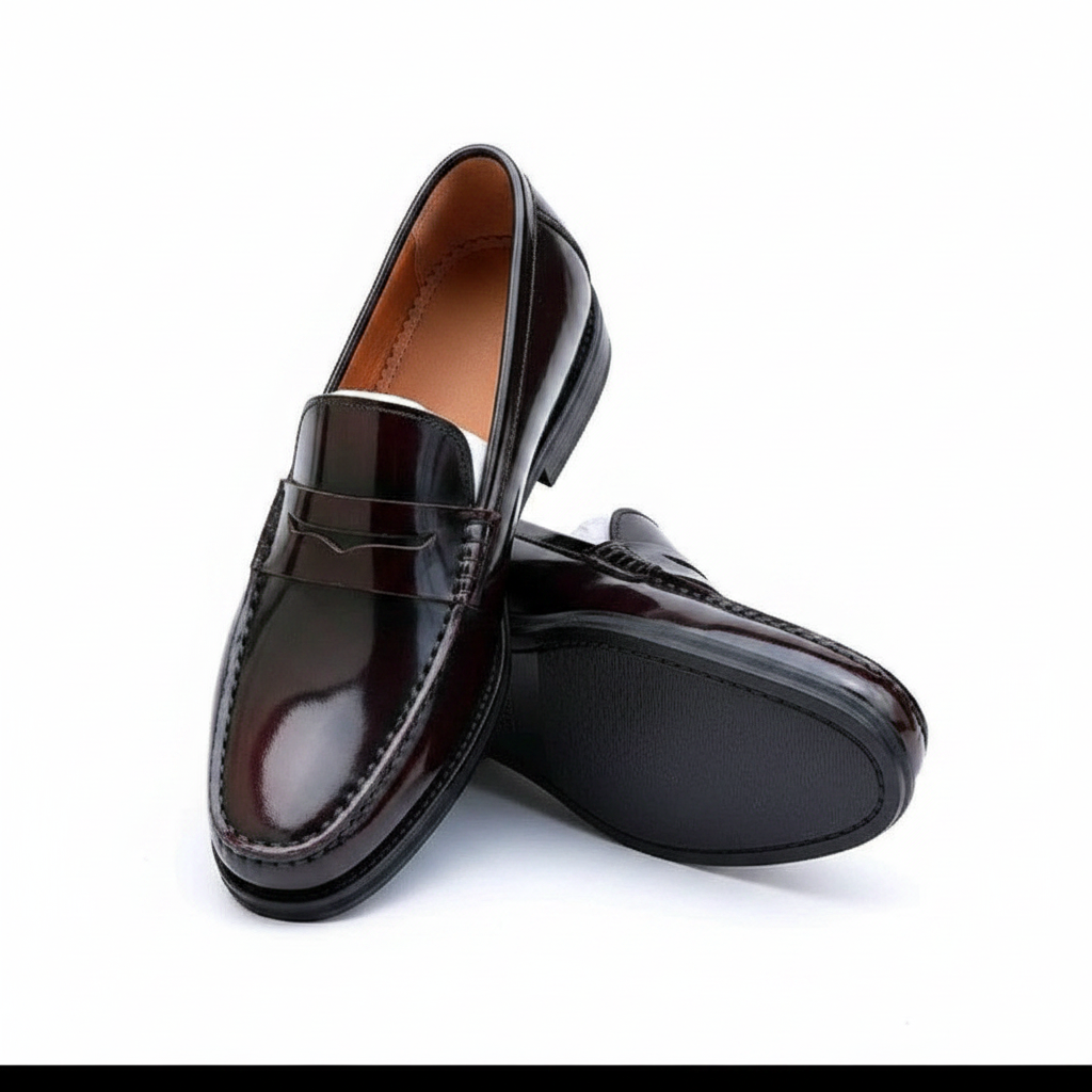 Burgundy oxblood patent leather moccasin penny loafer ghost mannequin product shot, plain white background