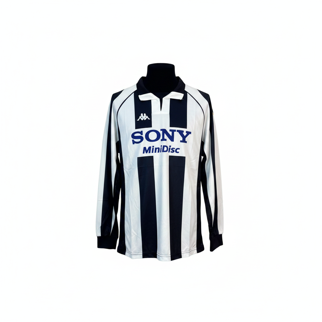 Black and white striped long-sleeve retro football jersey with V-neck collar, ghost mannequin front view