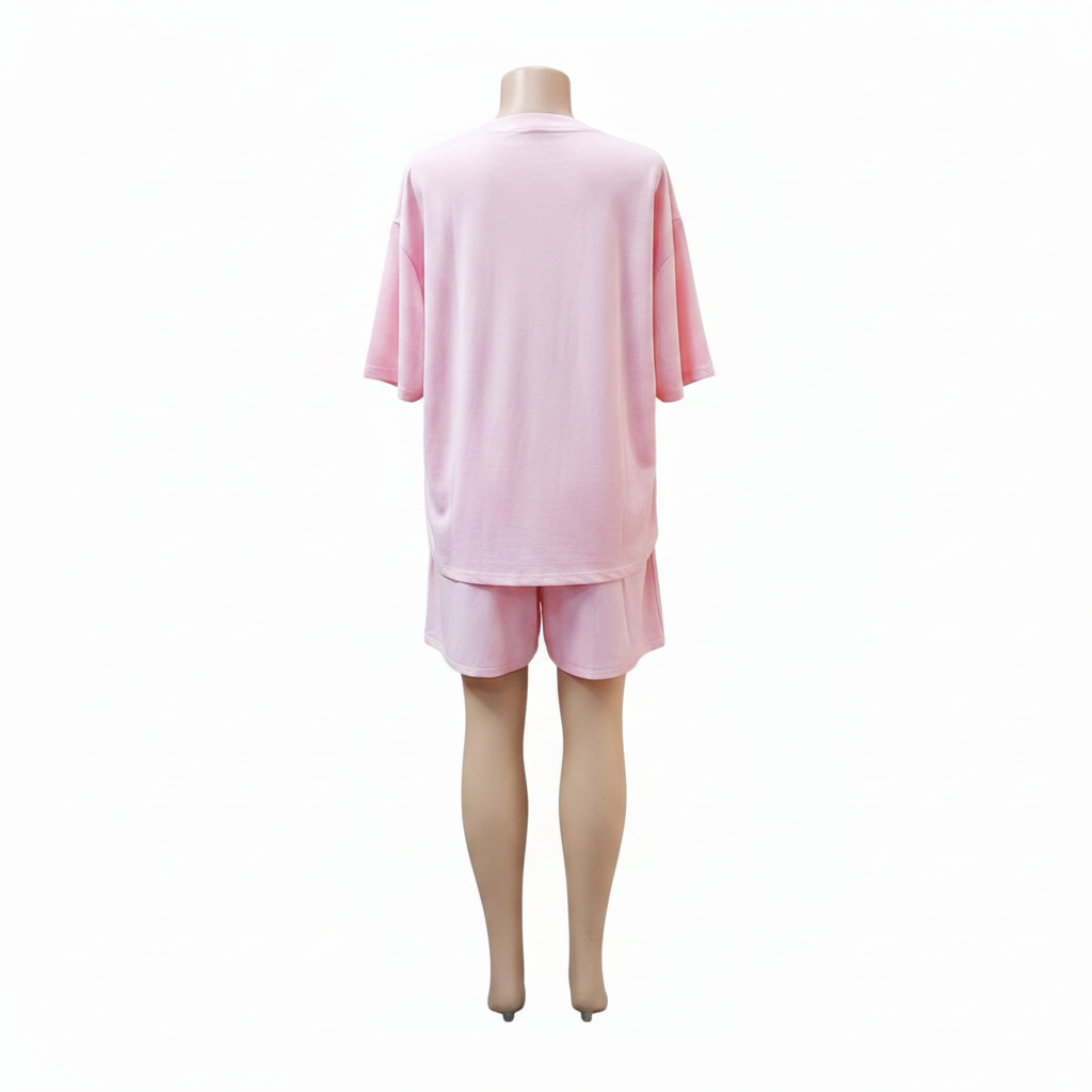 Ghost mannequin back view plain - pink daisy appliqué rhinestone top and shorts set