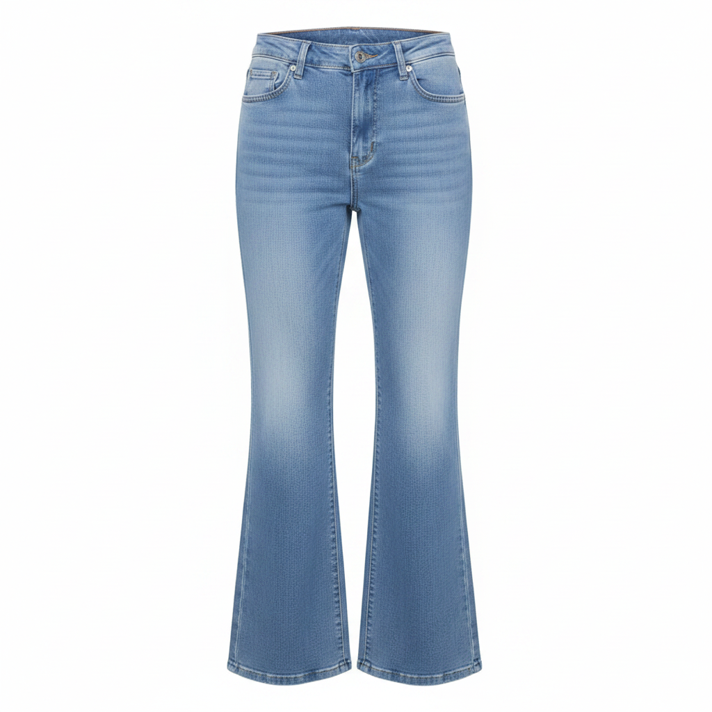 Light Blue Washed High-Waist Flare Denim Jeans - Ghost Mannequin Front