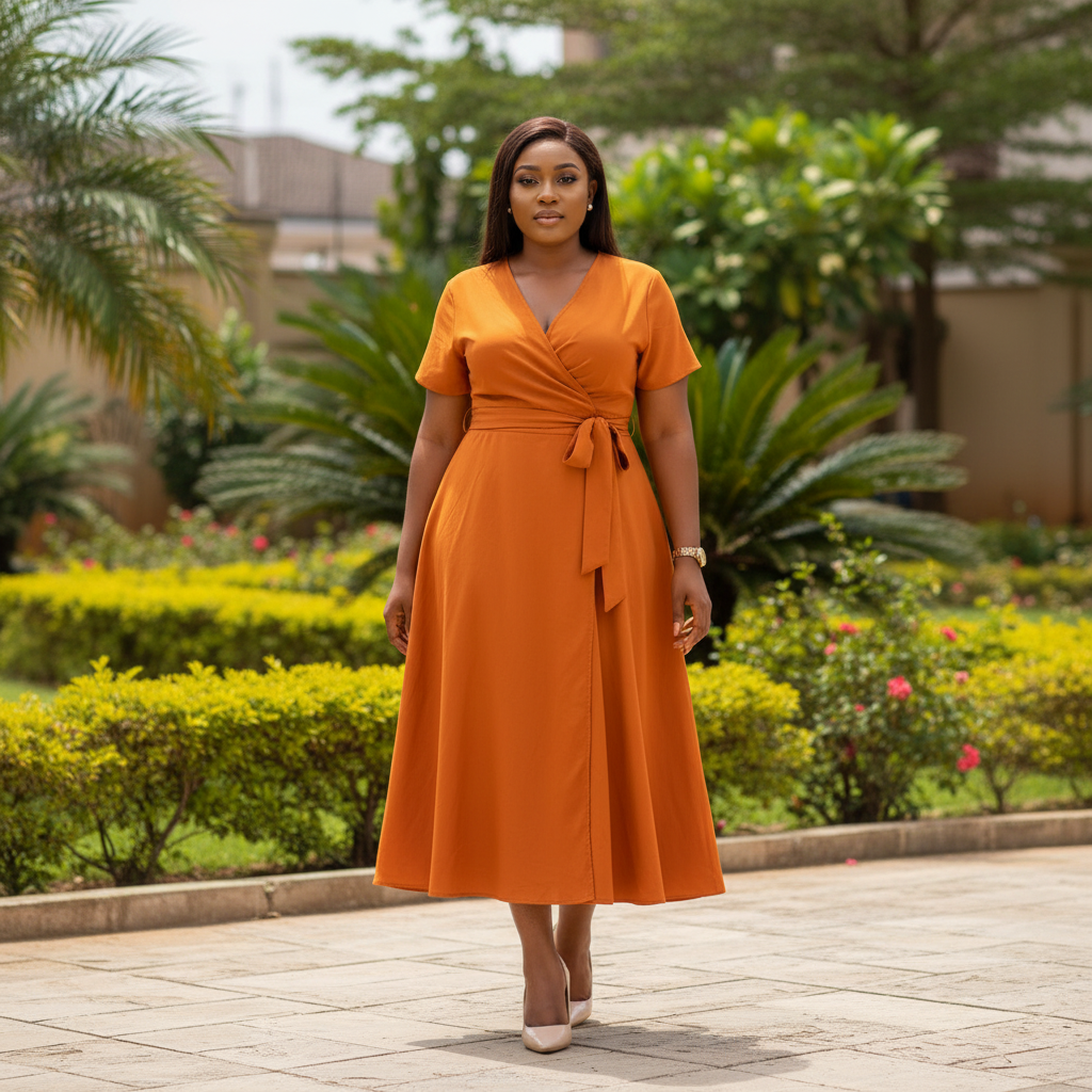 Nigerian female model wearing orange short sleeve V-neck wrap midi dress