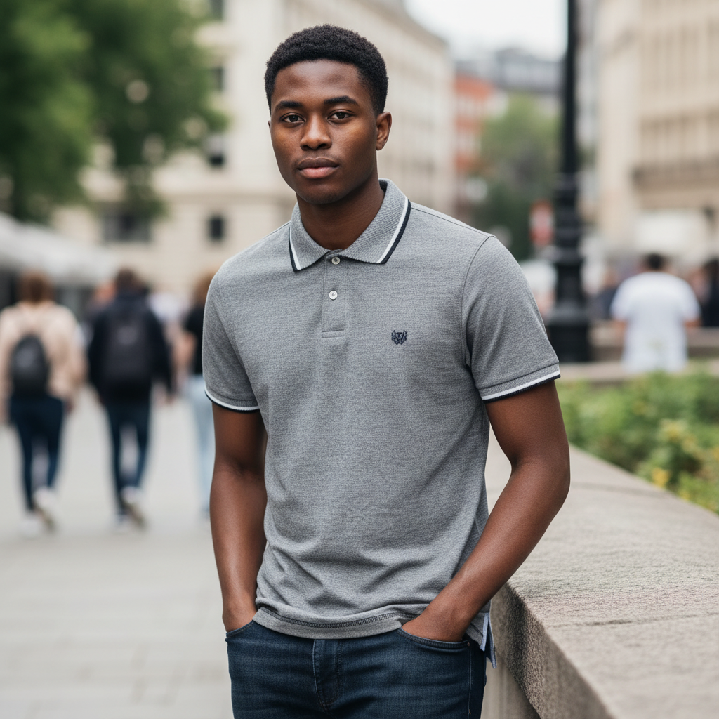 Grey Marl Crest Polo Shirt on Nigerian male model