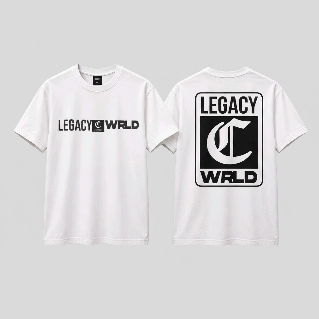 Men's white short-sleeve monogram logo graphic tee ghost mannequin front and back view on light grey background