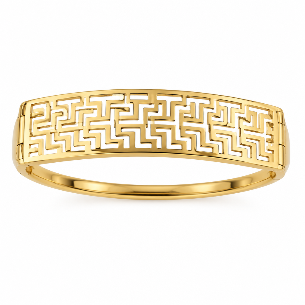 Gold Greek Key Lattice Wide Hinged Bangle – Catalog Shot