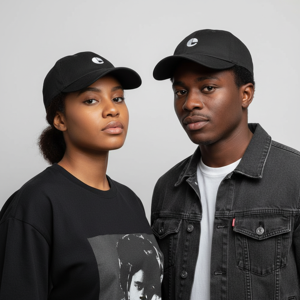 Nigerian male and female models wearing black circular E logo embroidered dad cap