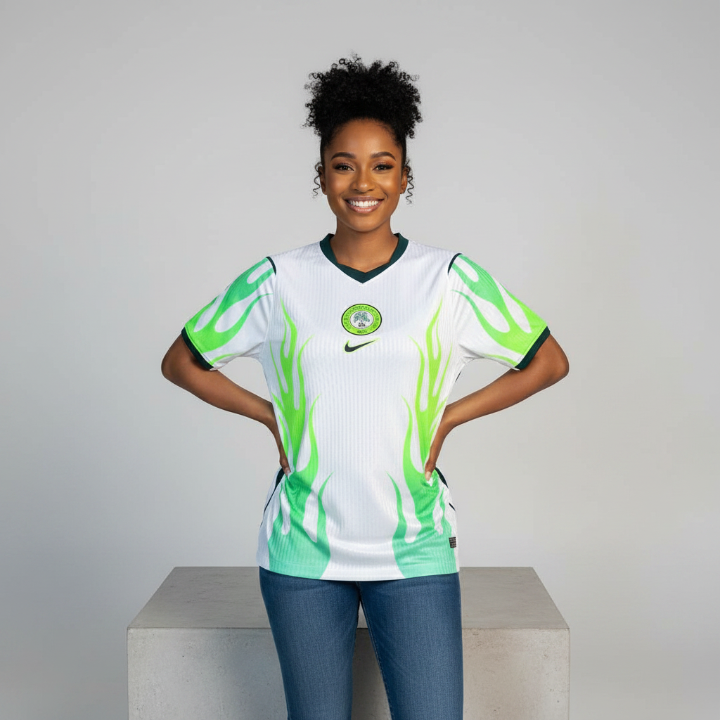 Nigerian female model wearing white neon green flame football jersey on concrete plinth