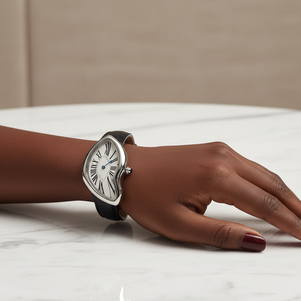 Black Nigerian woman wrist shot wearing asymmetric silver watch with black strap