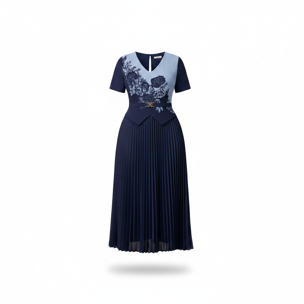 Navy blue and powder blue pleated midi gown with floral appliqué bodice, ghost mannequin view