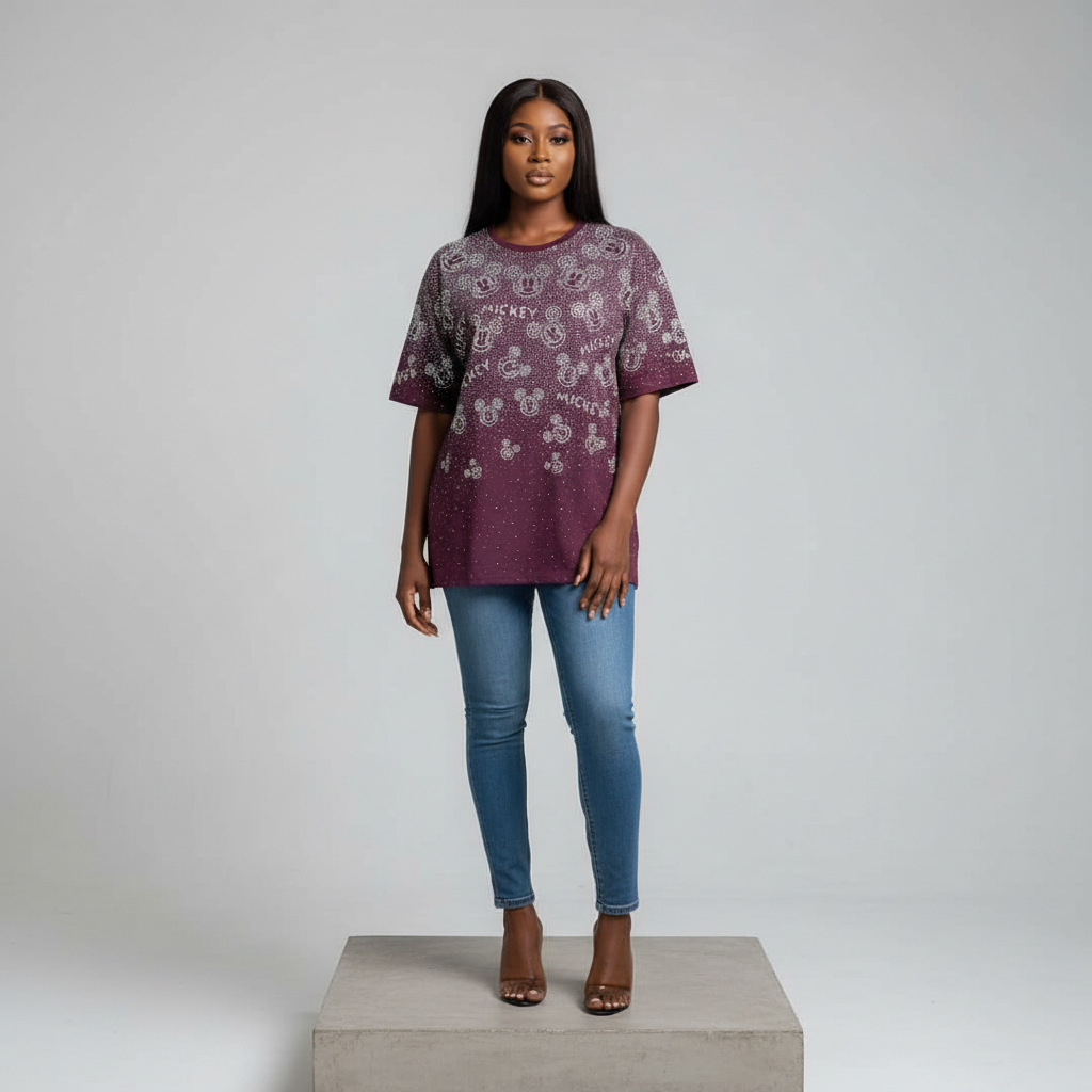 Plum Rhinestone Mickey Print Short-Sleeved Shirt - Model Front
