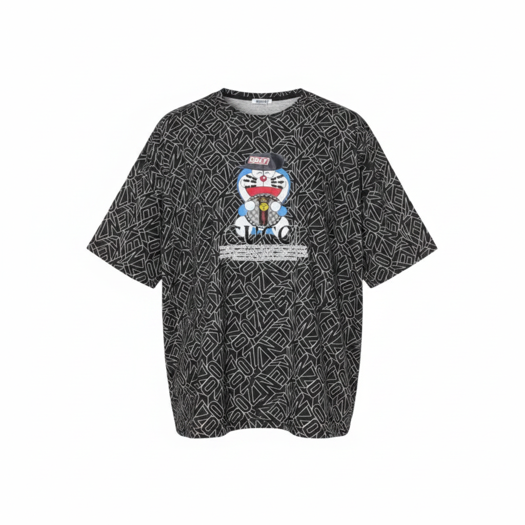 Women's black all-over geometric text pattern cartoon graphic boxy tee - ghost mannequin detailed view