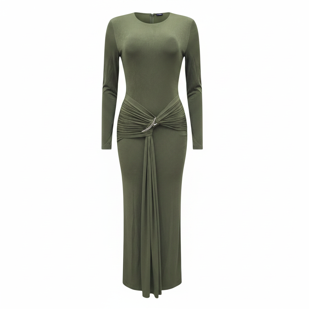 Women's olive green long-sleeve ruched twist knot draped bodycon maxi dress - ghost mannequin front view