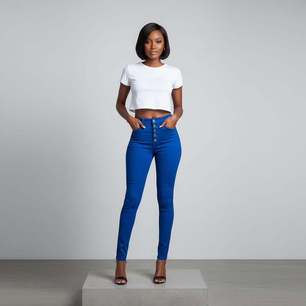 Royal Blue High-Waist Skinny Jeans – Model Front