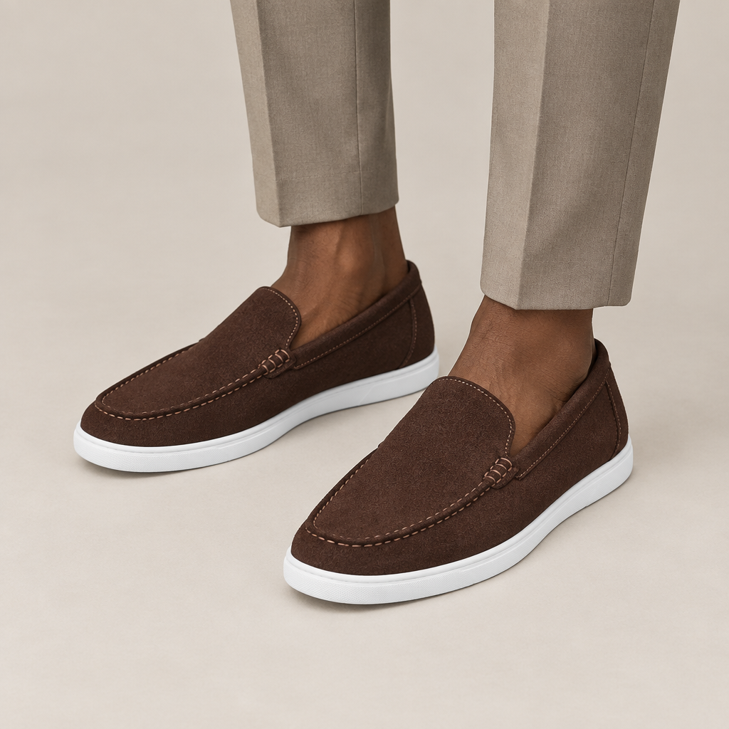 Dark brown suede-style loafers worn with neutral trousers