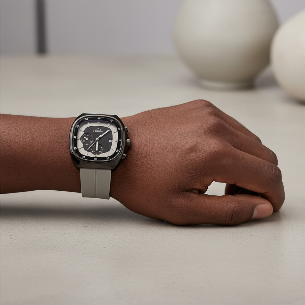 Black multi-dial watch with grey strap worn on a wrist