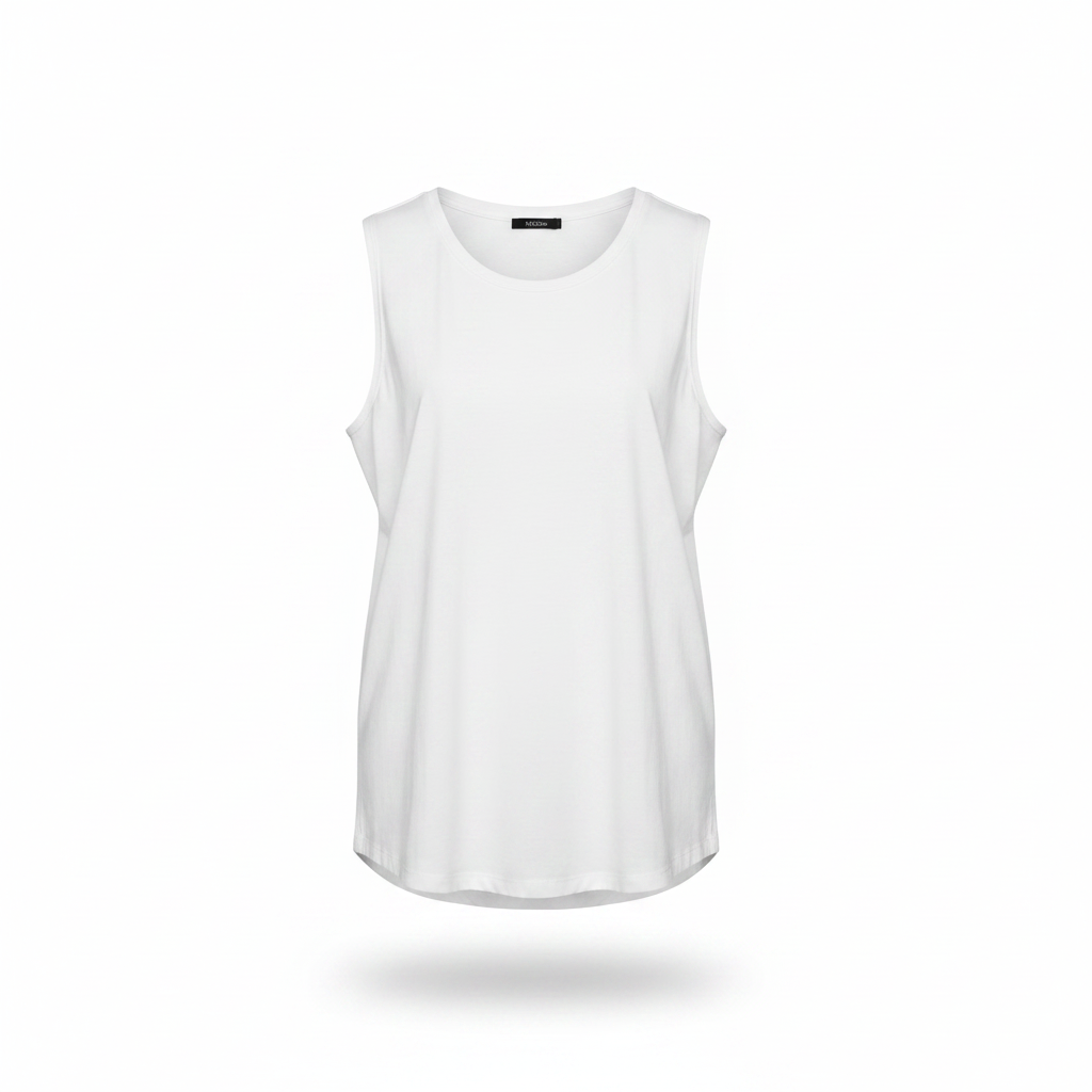 White sleeveless muscle vest on ghost mannequin, subtle shadow, white background