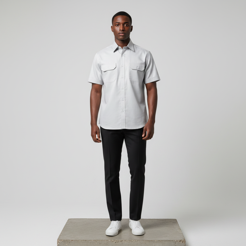 Nigerian male model wearing light grey solid short-sleeved shirt