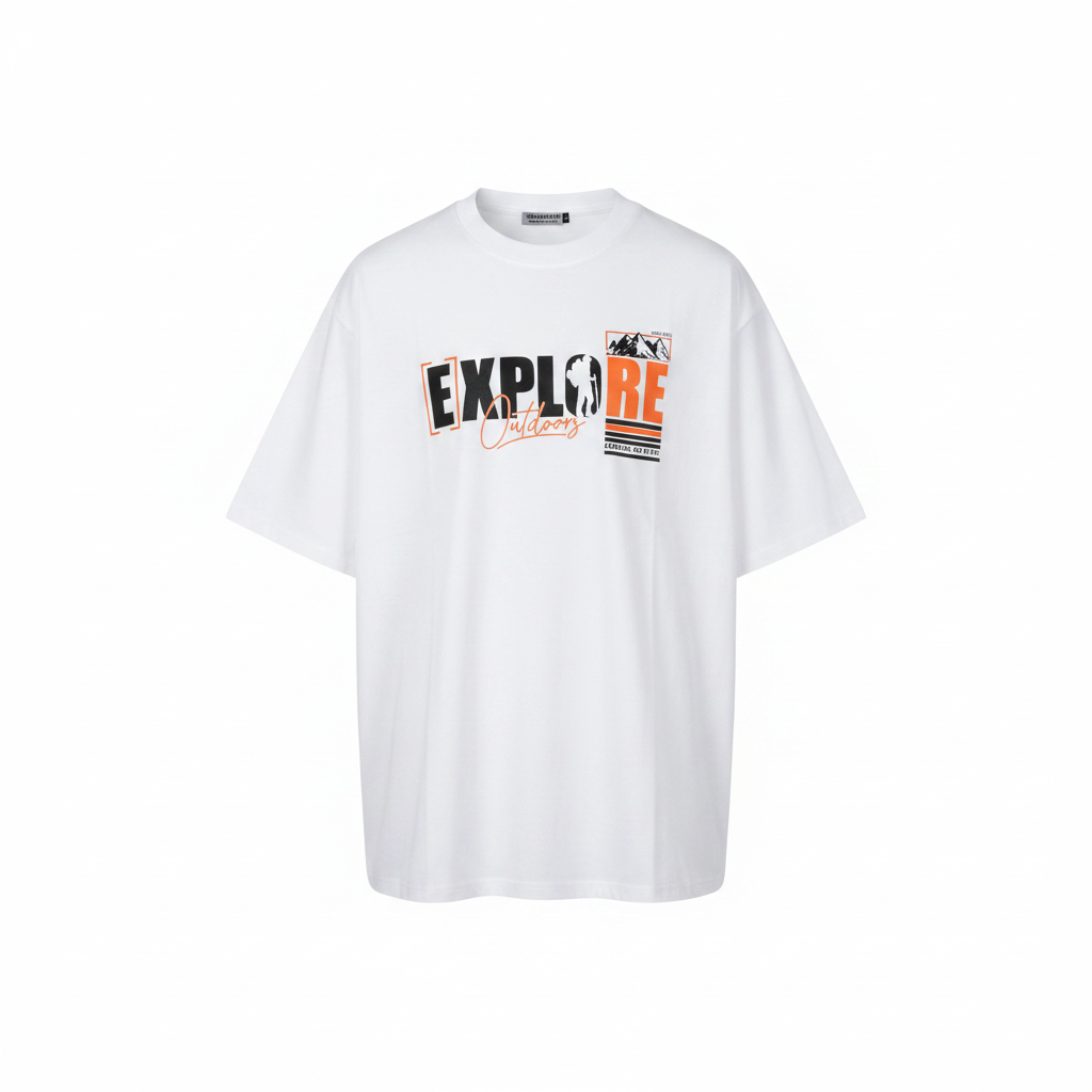 Unisex white explore outdoors graphic oversized tee – ghost mannequin front view