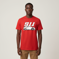 Black Nigerian male model wearing a red 911 car graphic T-shirt