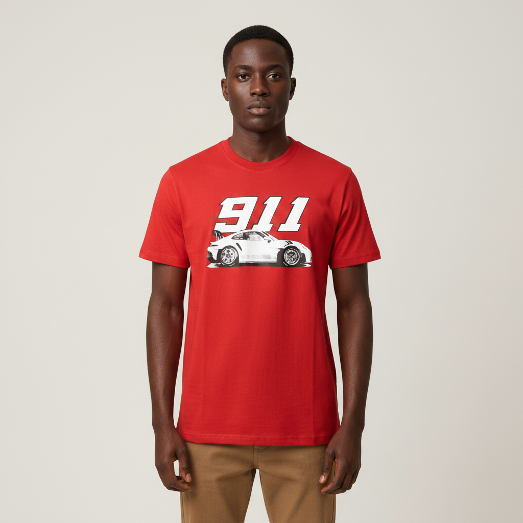 Black Nigerian male model wearing a red 911 car graphic T-shirt