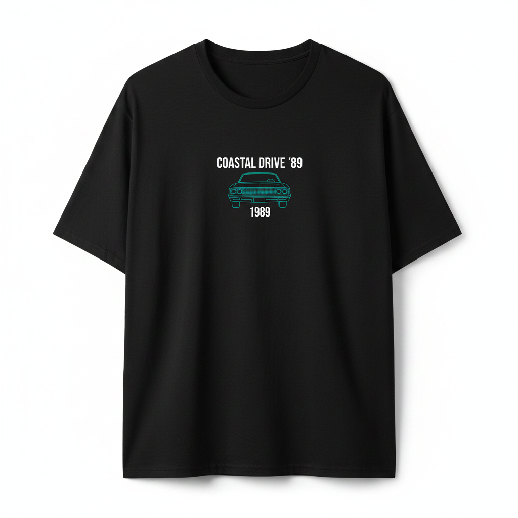 Unisex black coastal drive 1989 vintage car graphic oversized tee – ghost mannequin front view