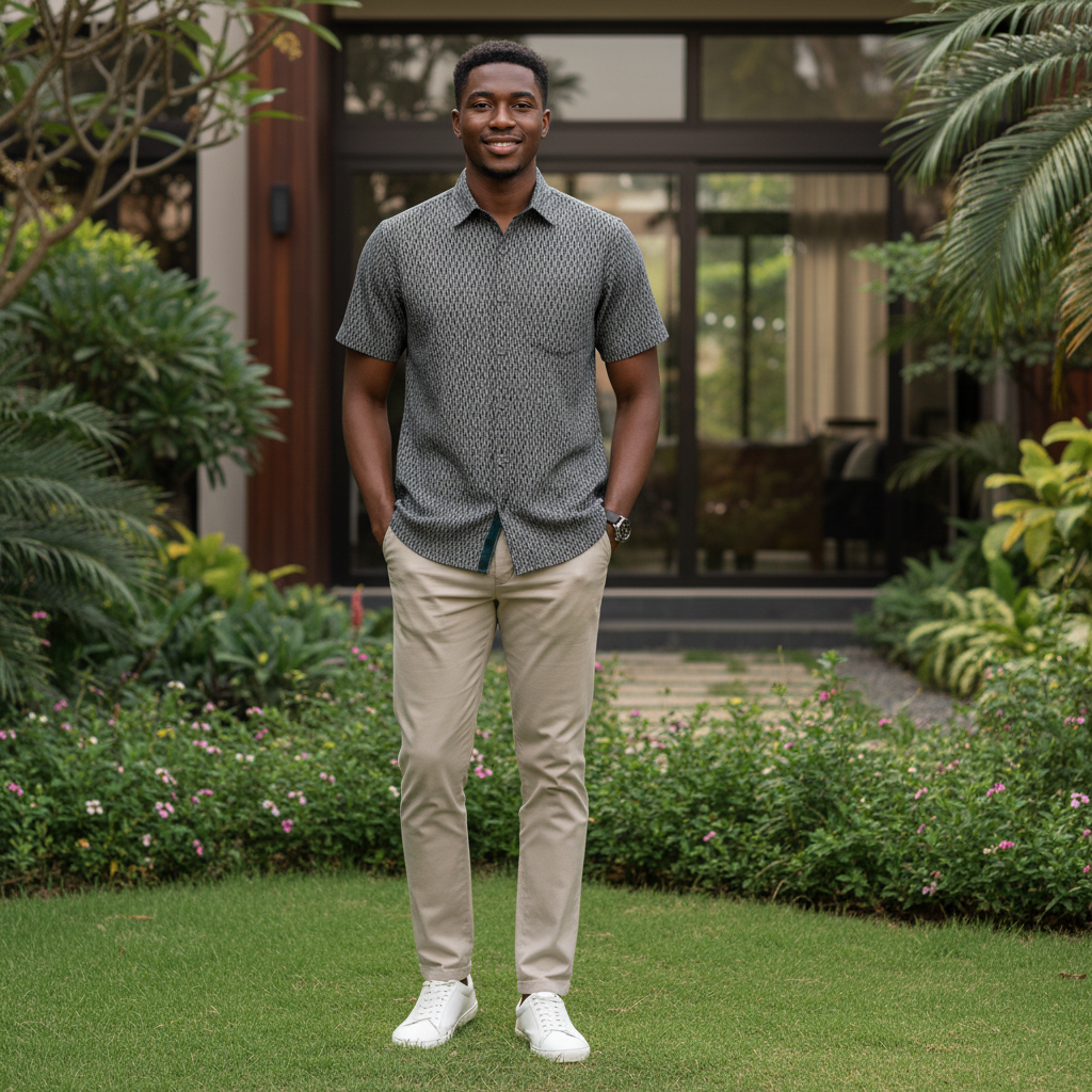 Young Nigerian male wearing charcoal diamond jacquard pattern short sleeve button-down shirt