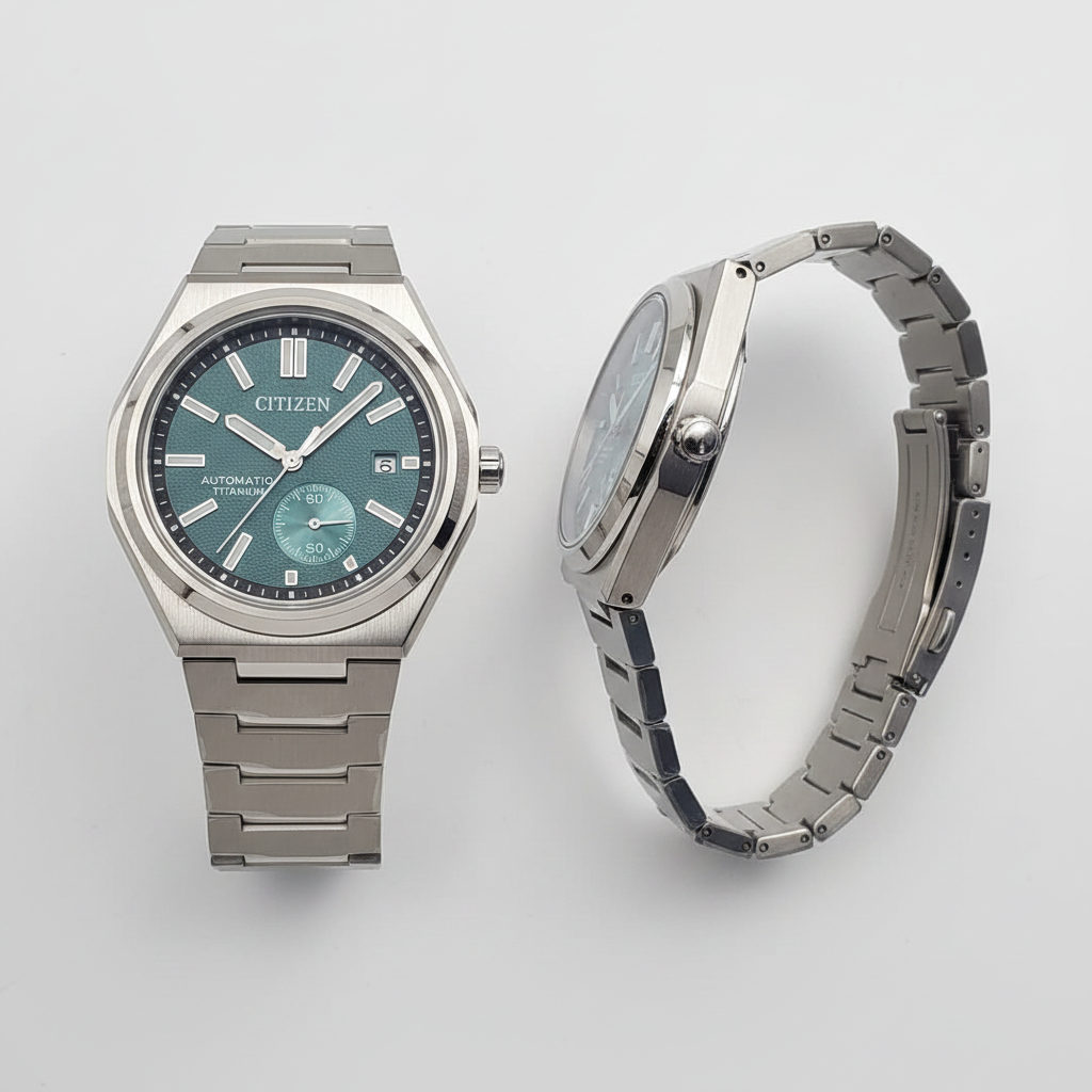 Teal green dial automatic titanium watch front and side ghost mannequin view