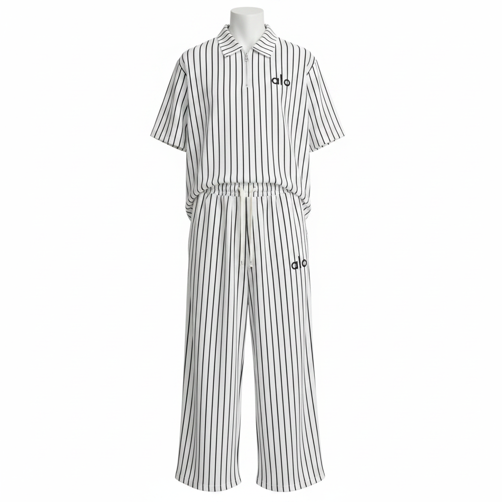 Ghost mannequin white black pinstripe alo polo and trouser two-piece set