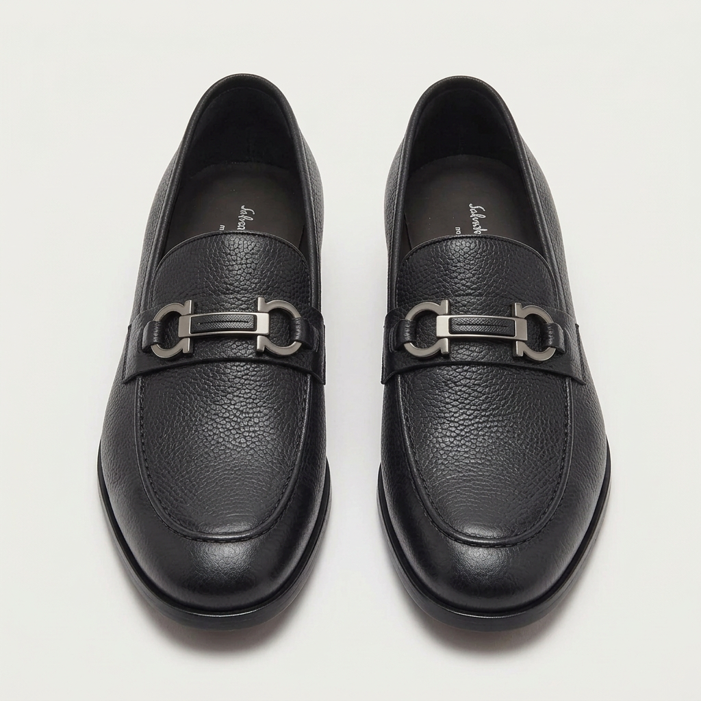 Straight-on view of black textured loafers aligned side by side with silver-tone hardware