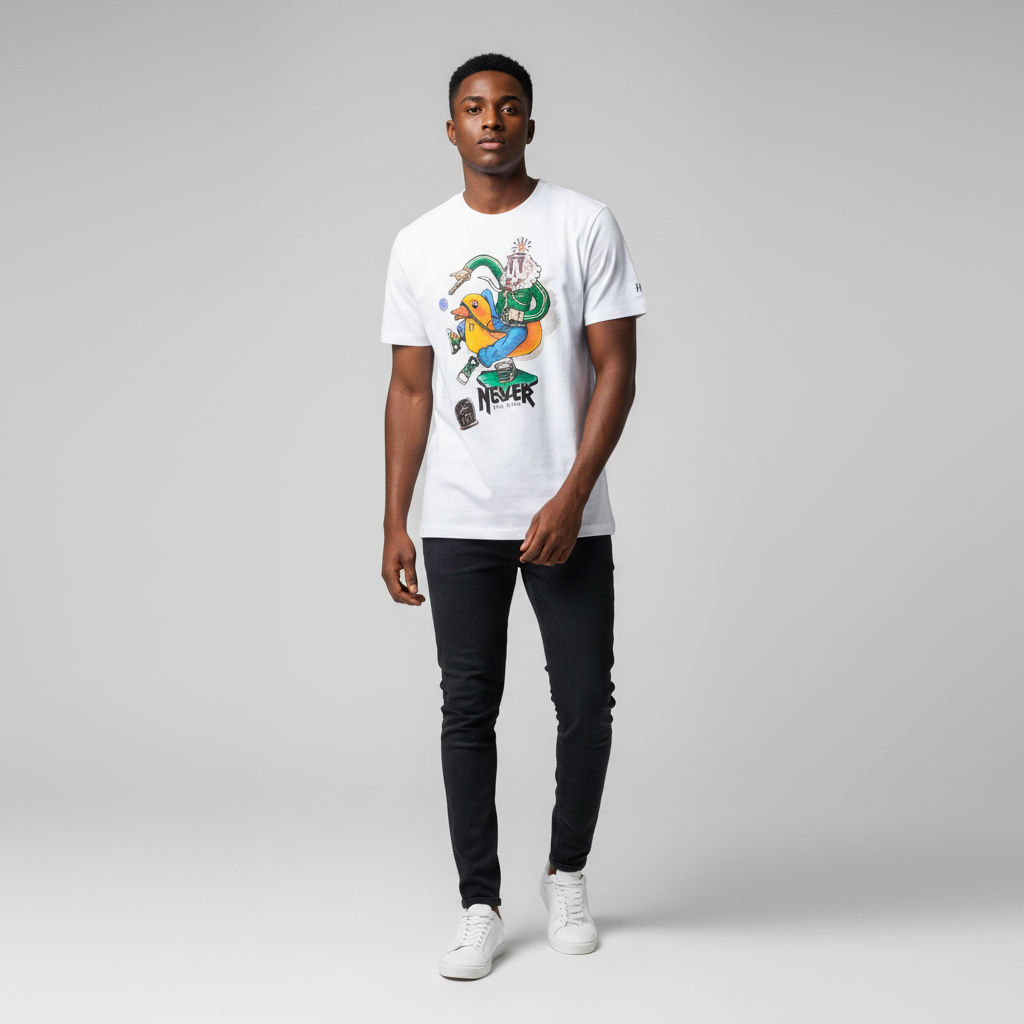 Nigerian male model wearing men's white streetwear graphic t-shirt Never Seen Before print