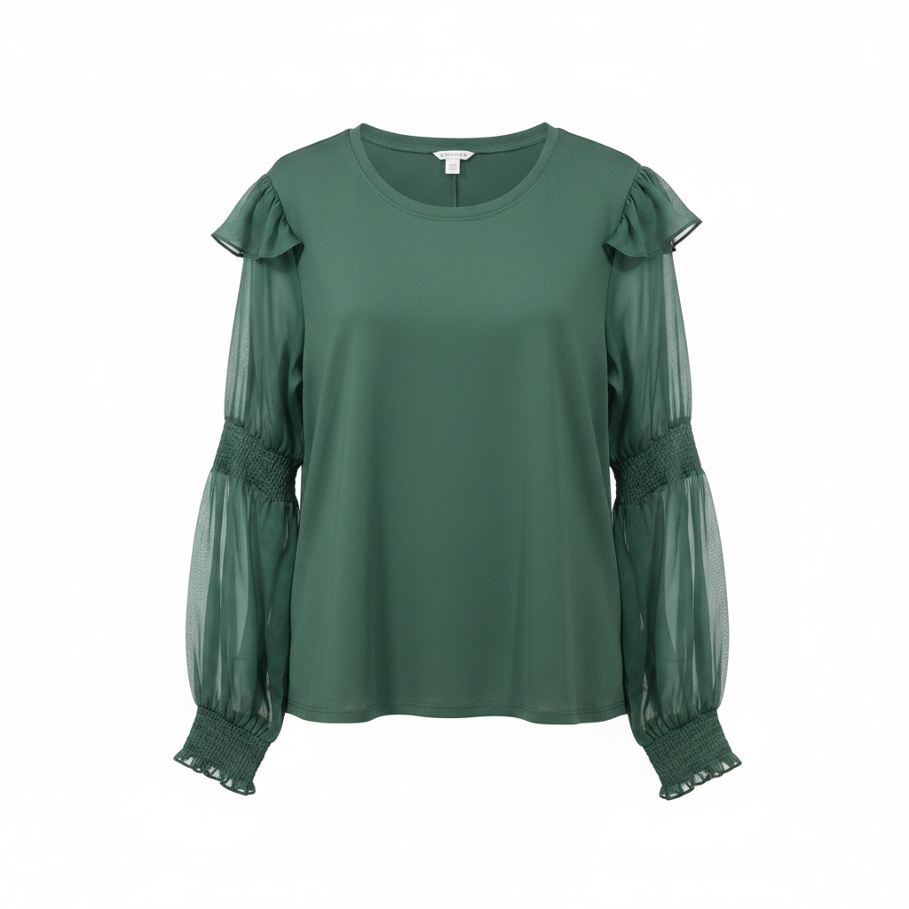 Women's forest green puff sleeve smocked cuff top - ghost mannequin front view