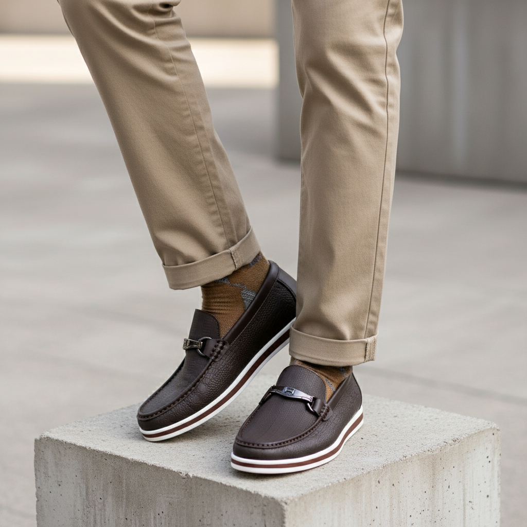 Nigerian male model leg focus shot wearing dark brown croc-embossed loafers