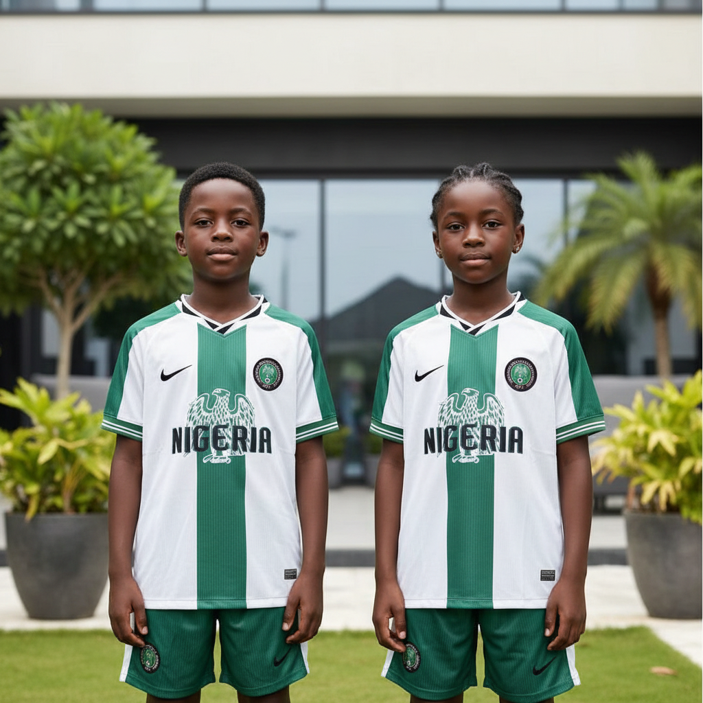 Nigerian boy and girl wearing green and white stripe eagle kids football jersey and green shorts set