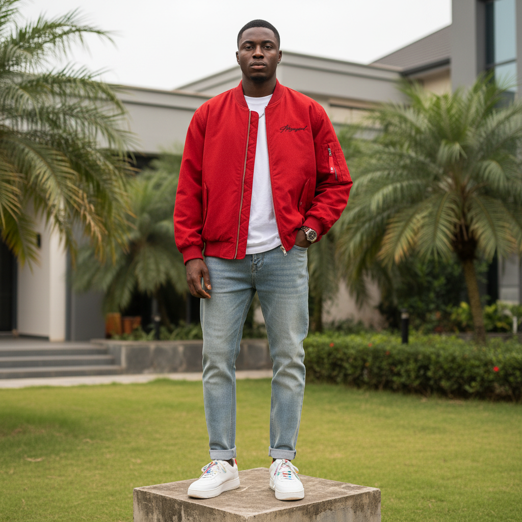 Men's Red Embroidered Oversized Bomber Jacket – Nigerian Male Model Shot