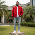 Men's Red Embroidered Oversized Bomber Jacket – Nigerian Male Model Shot