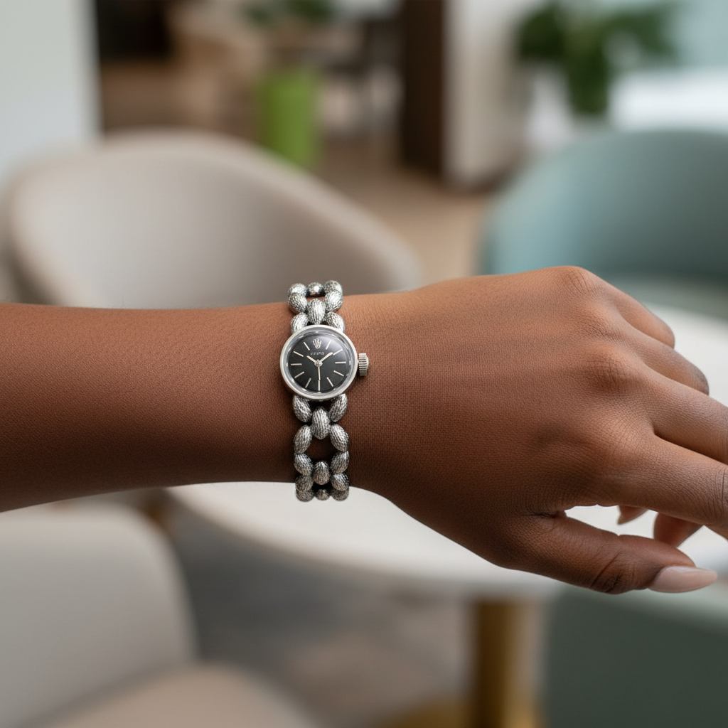 Women's silver chain bracelet black dial watch worn on Nigerian model wrist — lifestyle wrist shot