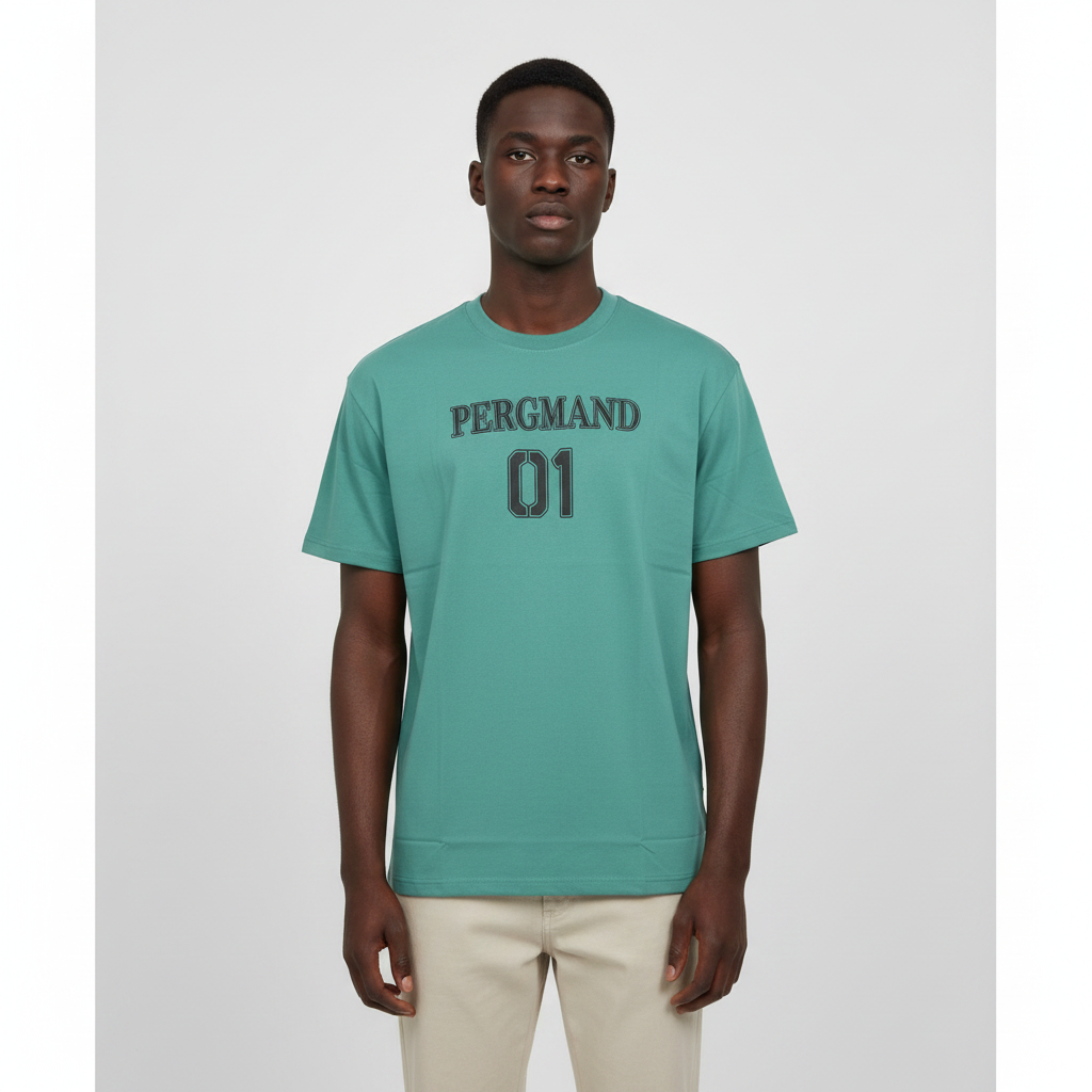Model wearing the sea green varsity number t-shirt