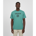 Model wearing the sea green varsity number t-shirt