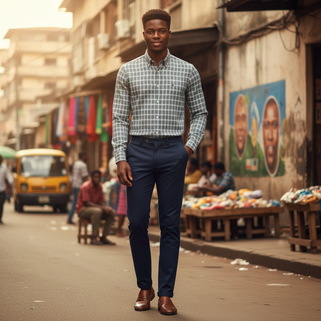 Young Nigerian male wearing grey check slim fit long sleeve shirt