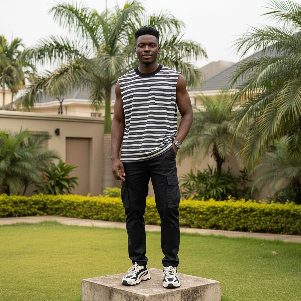 Nigerian male model wearing black and white striped sleeveless vest – full body lifestyle shot